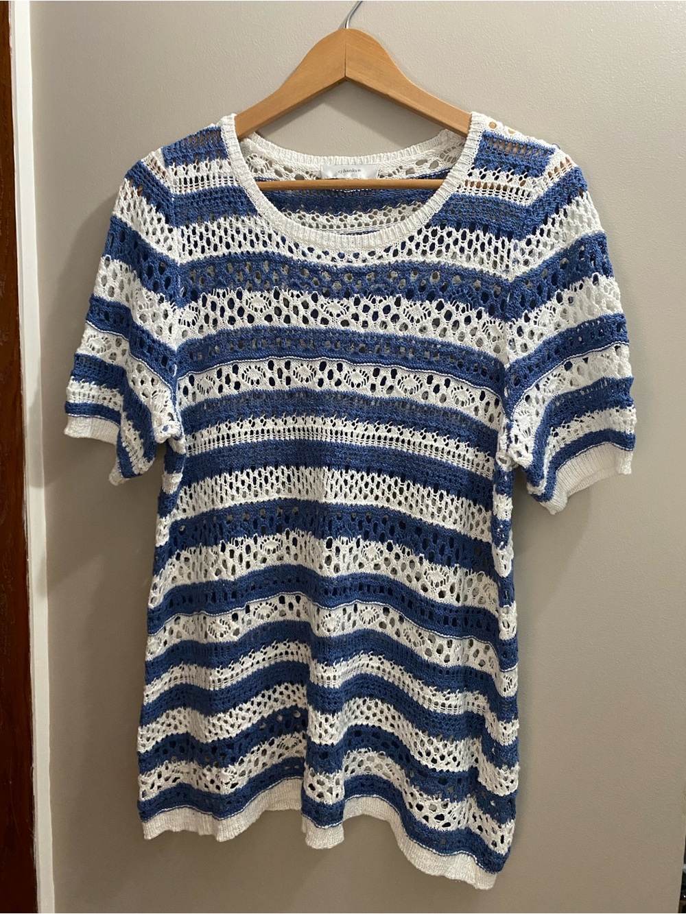 CJ Banks Blue and White Striped Open-Knit Crochet Top
